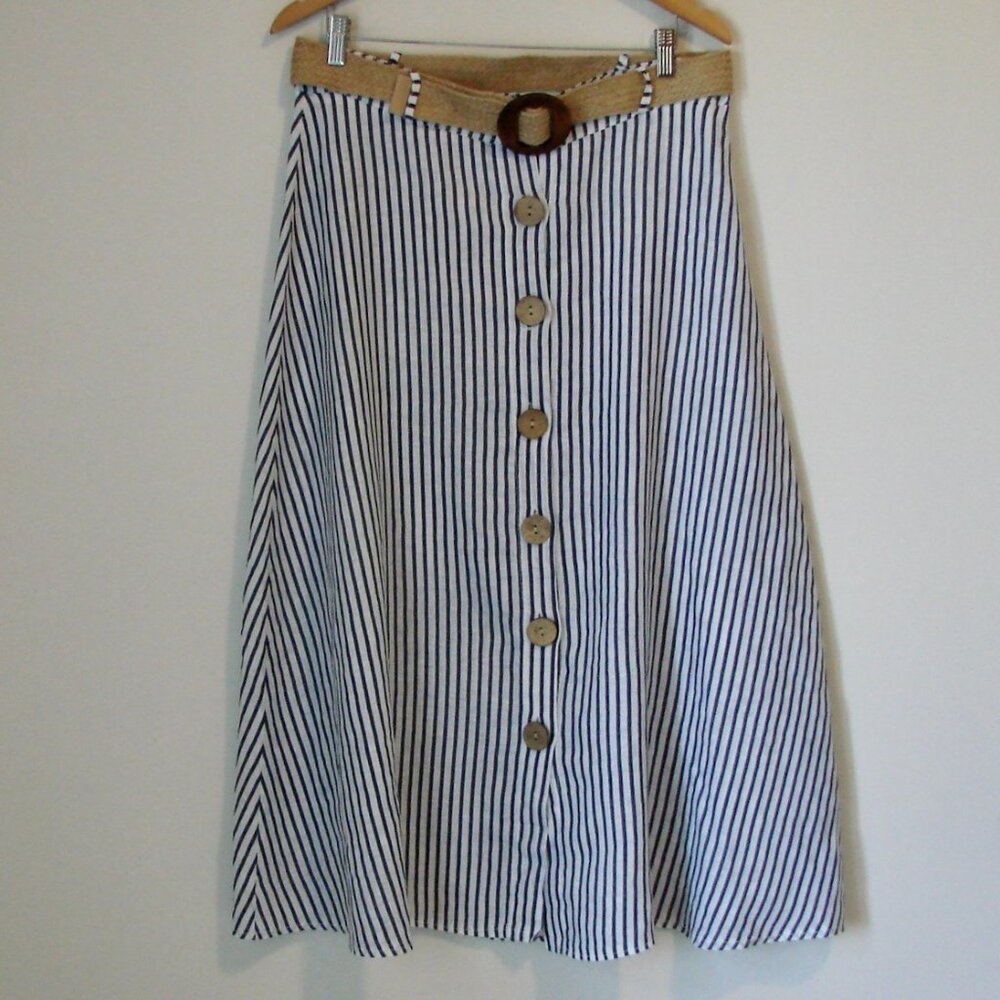 Linen Maxi Skirt Made in Italy Blue White Striped Raffia Belt Button Up Size M